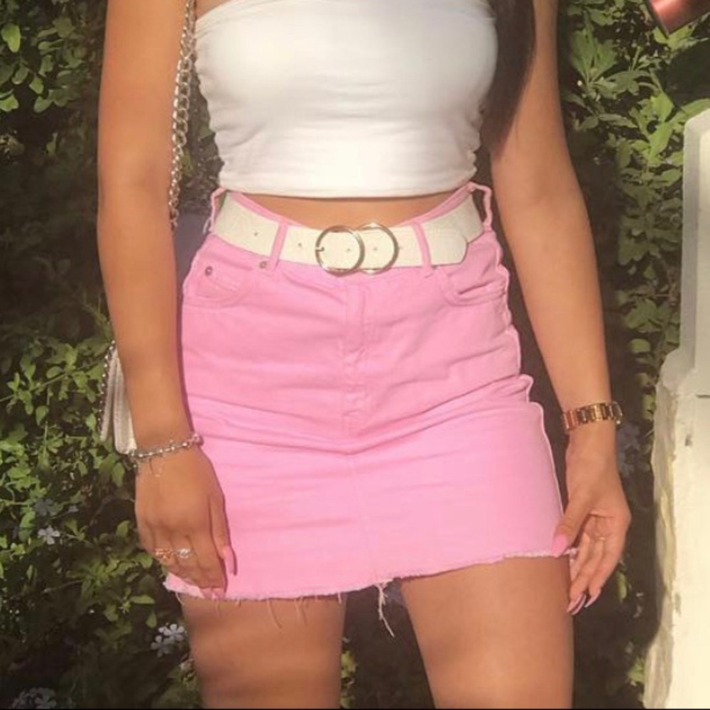 Topshop Moto Pink Denim Skirt